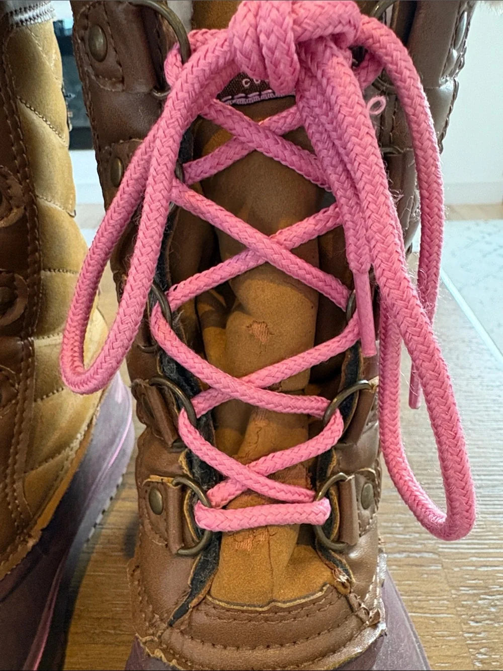 London Fog Brown Winter Duck Boots with Pink Laces and Trim
